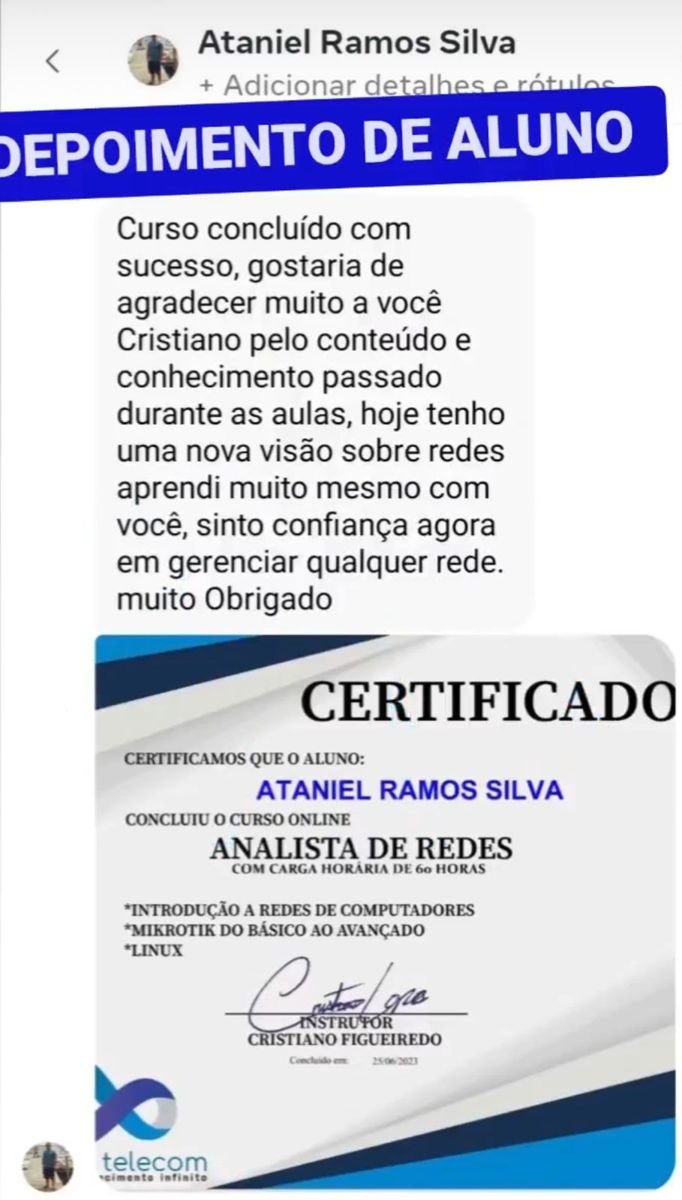 Depoimento de aluno que concluiu o Analista de Redes e mostra o certificado